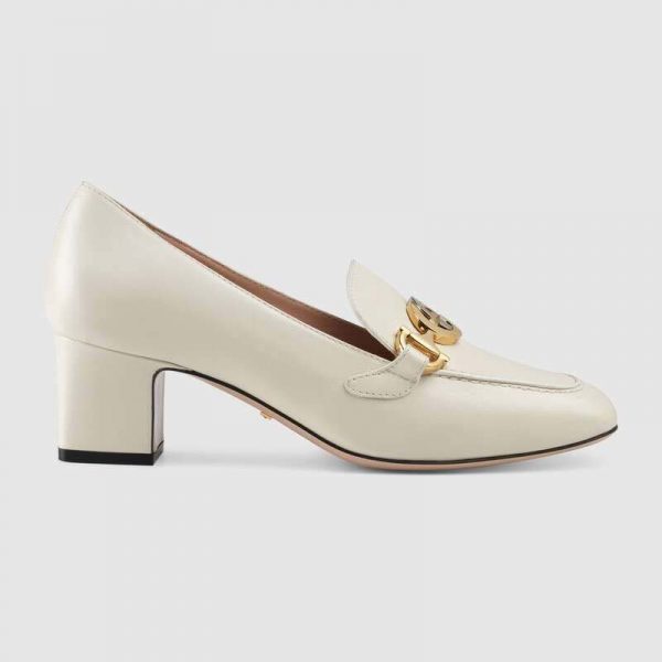 Gucci Women Gucci Zumi Leather Mid-Heel Loafer with Interlocking G Horsebit in 5.6 cm Height-White