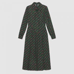 Gucci Women Interlocking G and Belts Print Dress in 100% Silk-Green