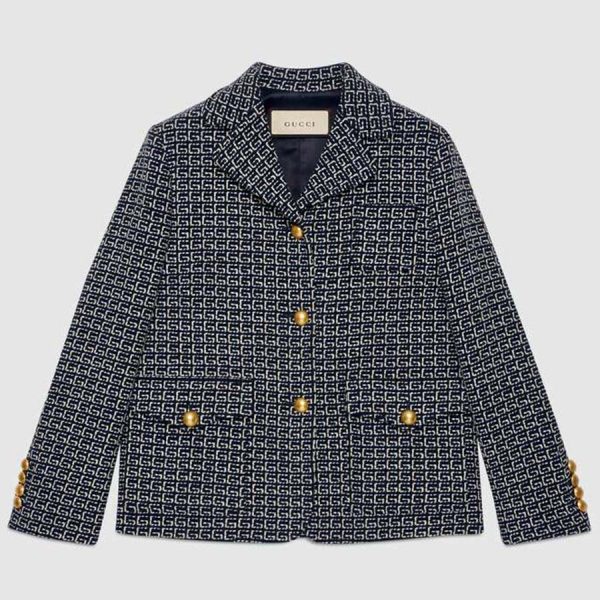 Gucci Women Square G Wool Jacket in Boxy Fit-Navy