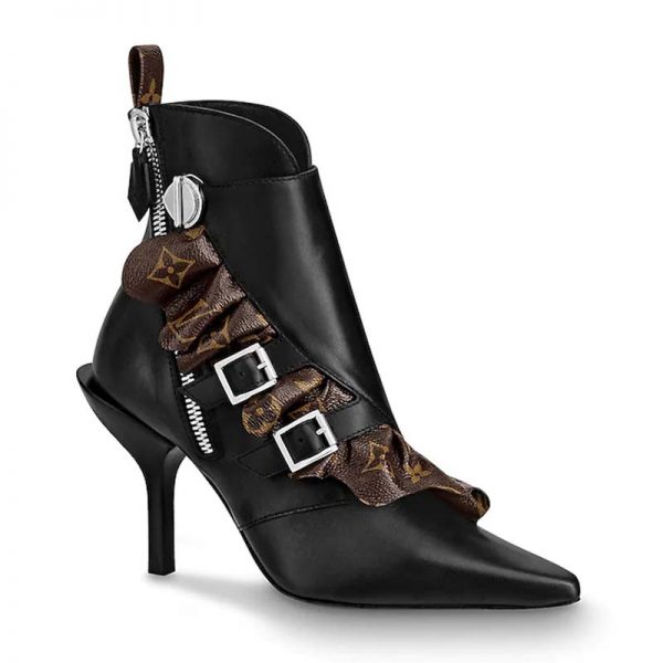 Louis Vuitton LV Women LV Janet Ankle Boot in Calf Leather and Patent Monogram Canvas-Black