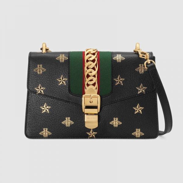 Gucci GG Women Sylvie Bee Star Small Shoulder Bag in Leather with Gold Bees and Stars Print-Black
