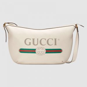 Gucci GG Unisex Gucci Print Half-Moon Hobo Bag in Leather with Gucci Vintage Logo-White