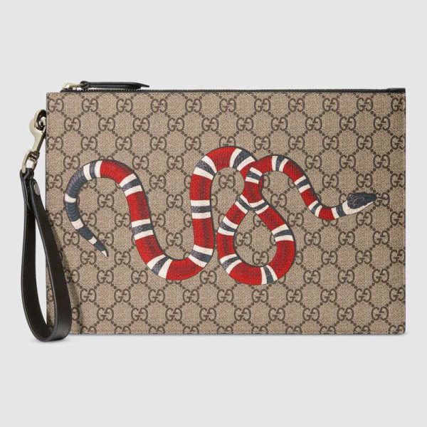 Gucci GG Men Gucci Bestiary Pouch with Kingsnake in BeigeEbony GG Supreme Canvas