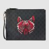 Gucci GG Men Gucci Bestiary Pouch with Wolf in Black and Grey GG Supreme Canvas