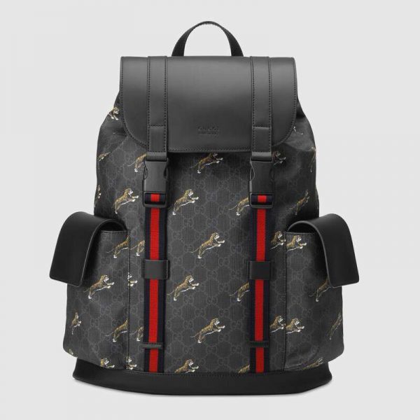 Gucci GG Unisex Gucci Bestiary Backpack with Tigers in BlackGrey Soft GG Supreme Canvas