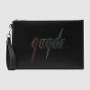 Gucci GG Unisex Pouch with Gucci Blade Embroidery in Black Leather