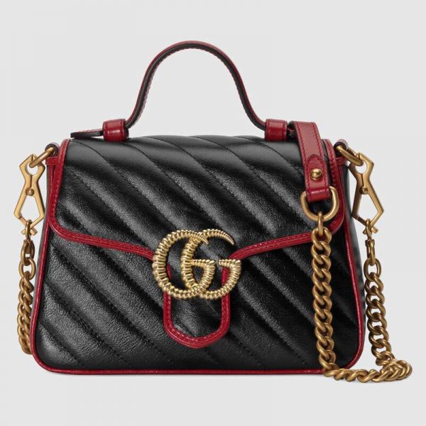 Gucci GG Women GG Marmont Mini Top Handle Bag in Black Diagonal Matelassé Leather