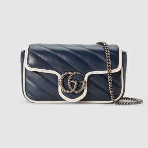 Gucci GG Women GG Marmont Super Mini Bag in Blue Diagonal Matelassé Leather