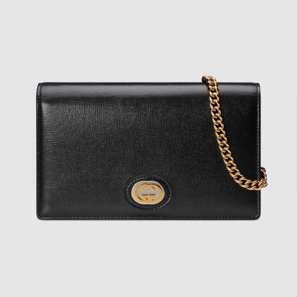 Gucci GG Women Leather Chain Card Case Wallet in Textured Leather-Black