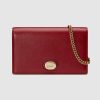Gucci GG Women Leather Chain Card Case Wallet in Textured Leather-Red