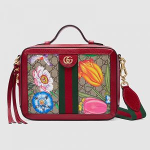 Gucci GG Women Ophidia GG Flora Small Shoulder Bag in BeigeEbony GG Supreme Canvas