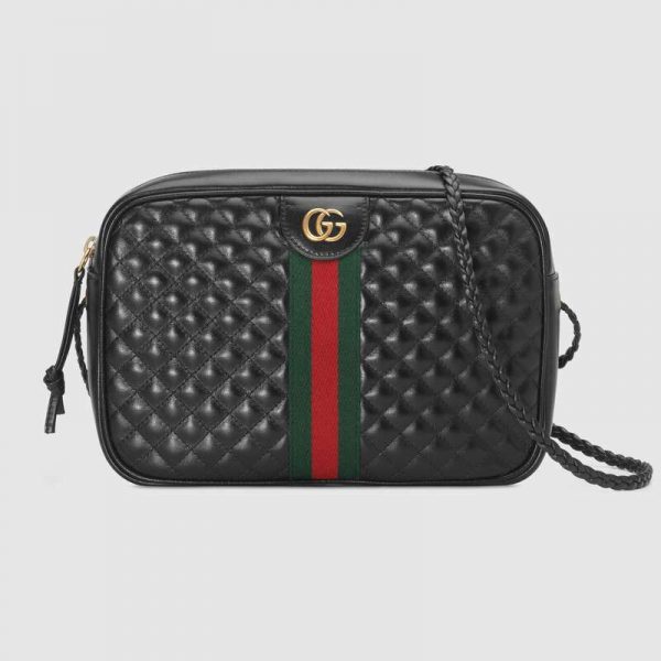 Gucci GG Women Quilted Leather Small Shoulder Bag with Green and Red Web-Black