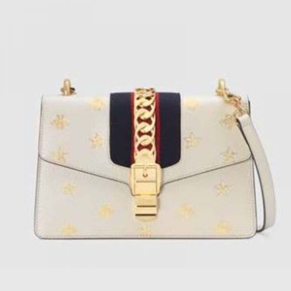 Gucci GG Women Sylvie Bee Star Small Shoulder Bag in Leather with Gold Bees and Stars Print-White