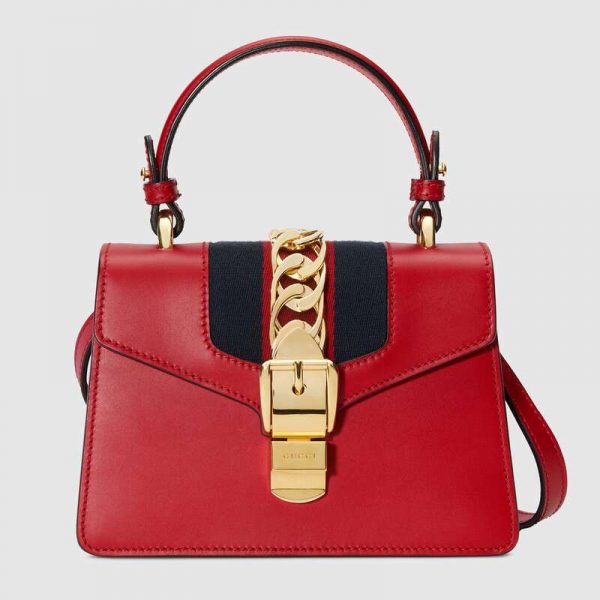 Gucci GG Women Sylvie Leather Mini Bag in Blue and Red Nylon Web-Red