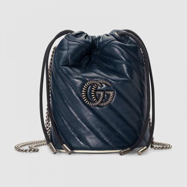 Gucci Women GG Marmont Mini Bucket Bag in Blue Diagonal Matelassé Leather