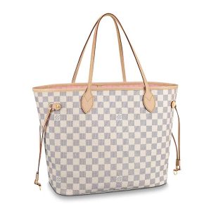 Louis Vuitton LV Women Neverfull MM Tote Bag in Damier Azur Canvas-Pink