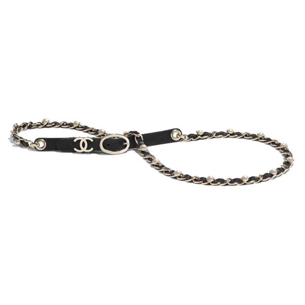 Chanel Women Lambskin Gold-Tone Metal & Glass Pearls Belt-Black