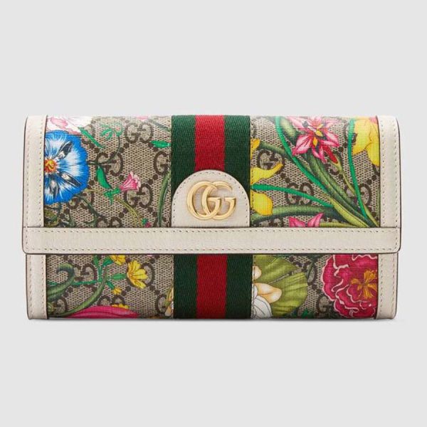 Gucci GG Women Ophidia GG Flora Continental Wallet in BeigeEbony GG Supreme Canvas