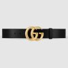 Gucci Unisex GG Marmont Leather Belt with Shiny Buckle in 3.8cm Width-Black