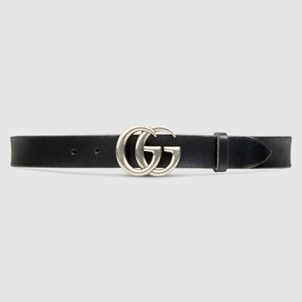 Gucci Unisex Leather Belt with Double G Buckle in 2.5cm Width-Black and Silver