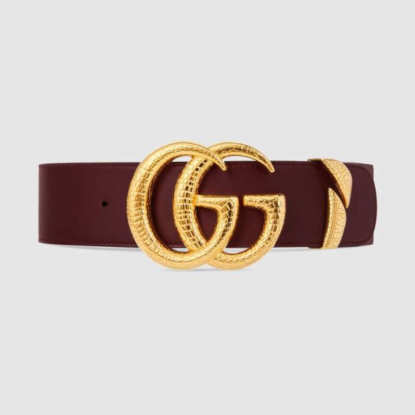 Gucci Unisex Leather Belt with Double G Buckle in Burgundy Leather