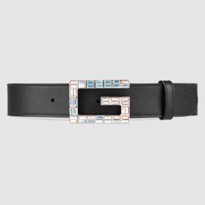 Gucci Unisex Leather Belt with Square G Buckle in 3.8cm Width-Black