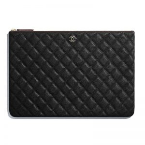 Chanel Women Classic Large Pouch in Grained Calfskin Leather-Black