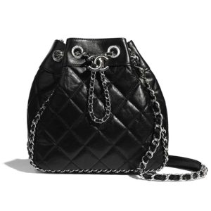 Chanel Women Drawstring Bag Aged Calfskin & Silver-Tone Metal-Black