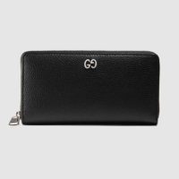 Gucci GG Unisex Leather Zip Around Wallet Black Metal GG