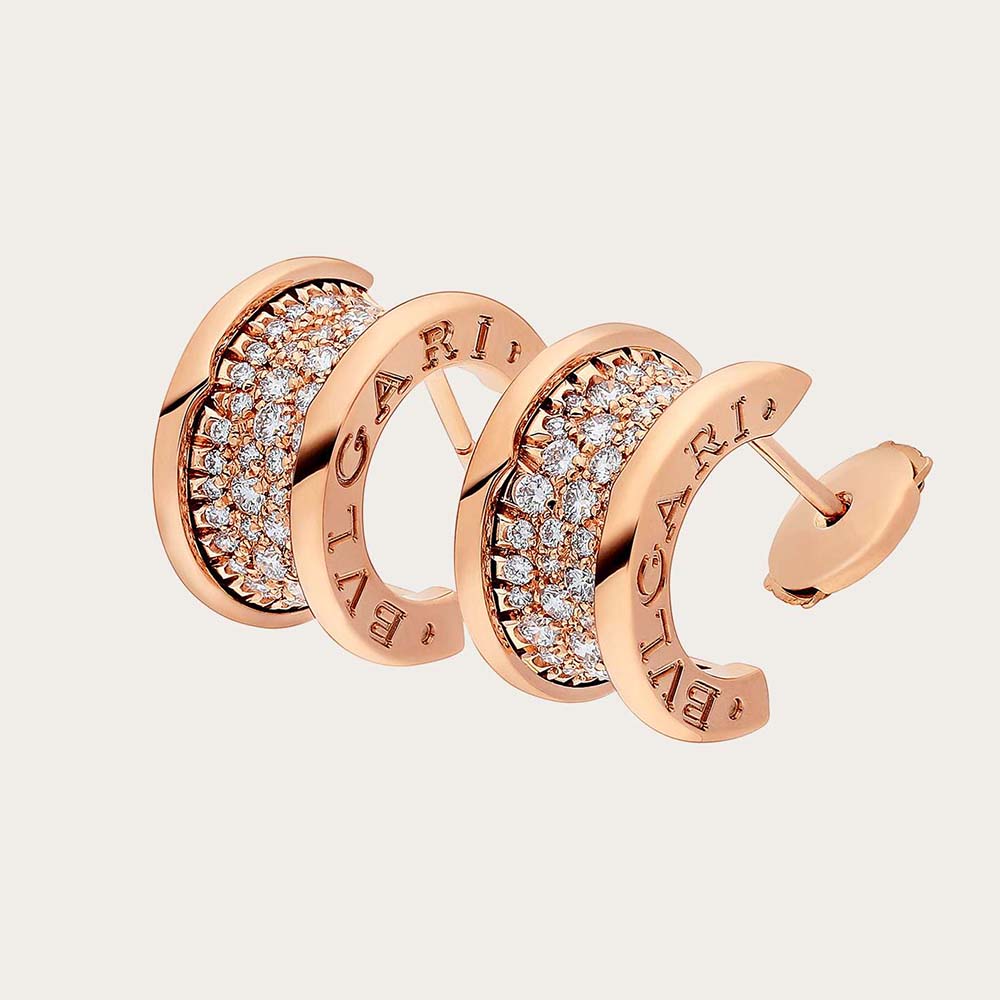 Bvlgari Women B.zero1 Earrings in 18 KT Rose Gold Set with Pave Diamonds on the Spiral