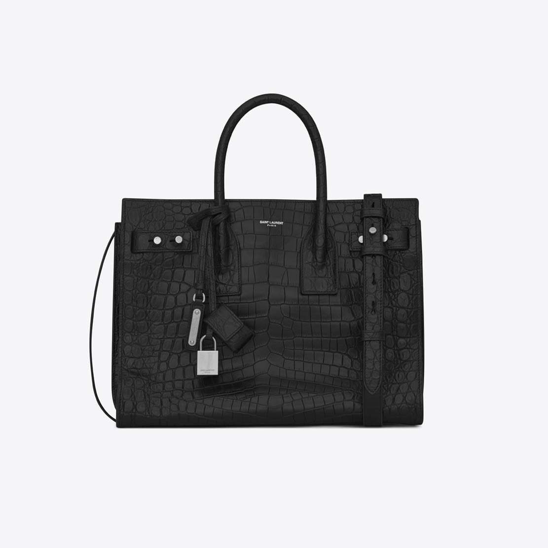 Saint Laurent YSL Small SAC DE JOUR Souple Bag In Black Crocodile Embossed Leather
