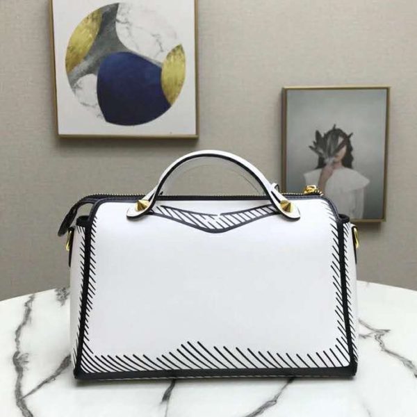 Fendi Women By The Way Medium White Leather Printed Boston Bag (5)