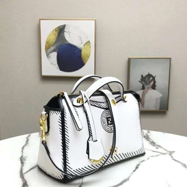 Fendi Women By The Way Medium White Leather Printed Boston Bag (7)