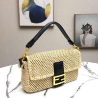 Fendi Women Iconic Baguette Large Size Natural Straw Bag-Beige