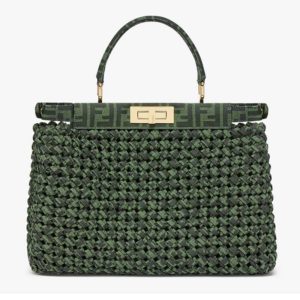 Fendi Women Peekaboo Iconic Medium Jacquard Fabric Interlace Bag-Dark Green