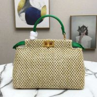 Fendi Women Peekaboo Iconic Mini Natural Raffia Bag Green Nappa