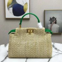 Fendi Women Peekaboo Iconic Mini Natural Raffia Bag Green Nappa