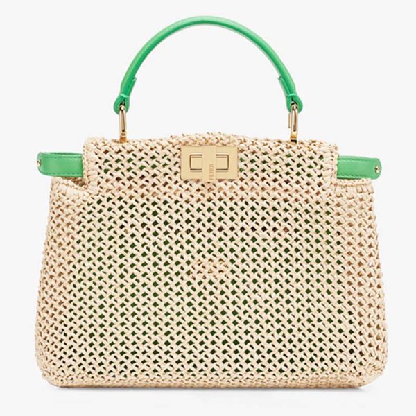 Fendi Women Peekaboo Iconic Mini Natural Raffia Bag Green Nappa