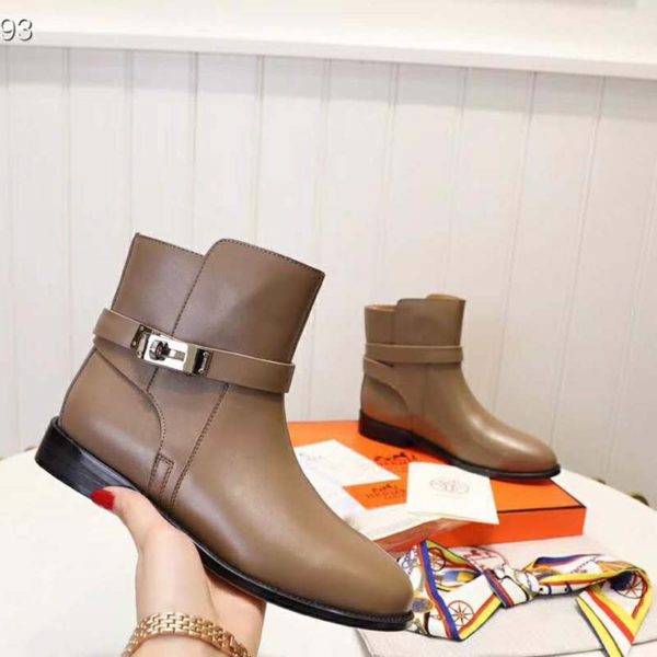 Hermes Women Neo Ankle Boot Calfskin with Iconic Buckle-Brown (5)