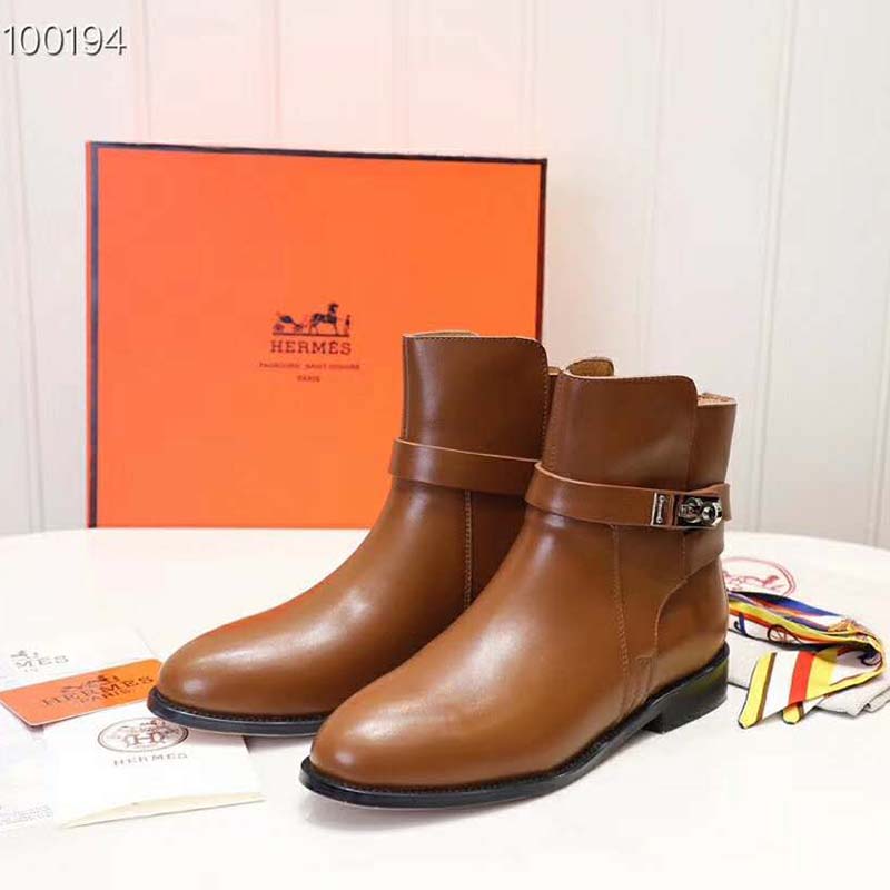Hermes Women Neo Ankle Boot Calfskin with Iconic Buckle-Chocolate ...