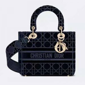 Dior Women Medium Lady D-Lite Bag Blue Cannage Embroidered Velvet