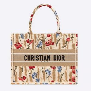 Dior Women Small Book Tote Beige Multicolor Hibiscus Metallic Thread Embroidery