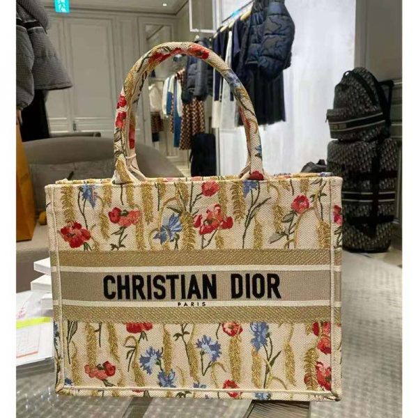 Dior Women Small Book Tote Beige Multicolor Hibiscus Metallic Thread Embroidery (8)