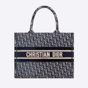 Dior Women Small Dior Book Tote Blue Dior Oblique Embroidered Velvet