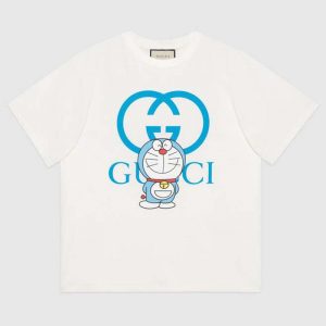 Gucci Men Doraemon x Gucci Oversize T-Shirt Ivory Cotton Jersey Crewneck-Blue