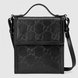 Gucci Unisex GG Embossed Messenger Bag Black GG Embossed Leather