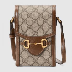 Gucci Unisex Horsebit 1955 Mini Bag Beige and Ebony GG Supreme Canvas