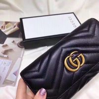 Gucci Women GG Marmont Continental Wallet Black Matelassé Chevron Leather with GG