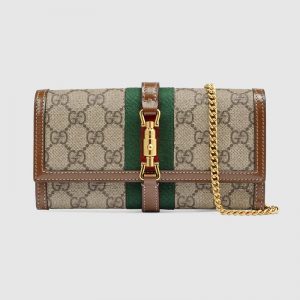 Gucci Women Jackie 1961 Chain Wallet Beige and Ebony GG Supreme Canvas