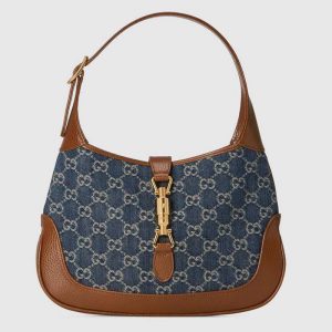 Gucci Women Jackie 1961 Small Shoulder Bag Washed Organic GG Jacquard Denim